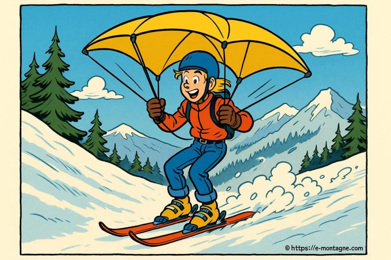 Personne en ski avec parachute jaune