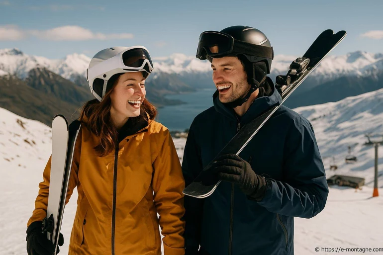 Couple souriant avec skis en montagne enneigée