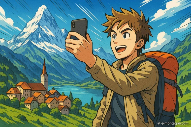 Jeune randonneur anime prenant selfie montagne