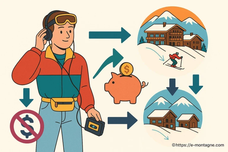 Personnage avec casque audio et schémas financiers