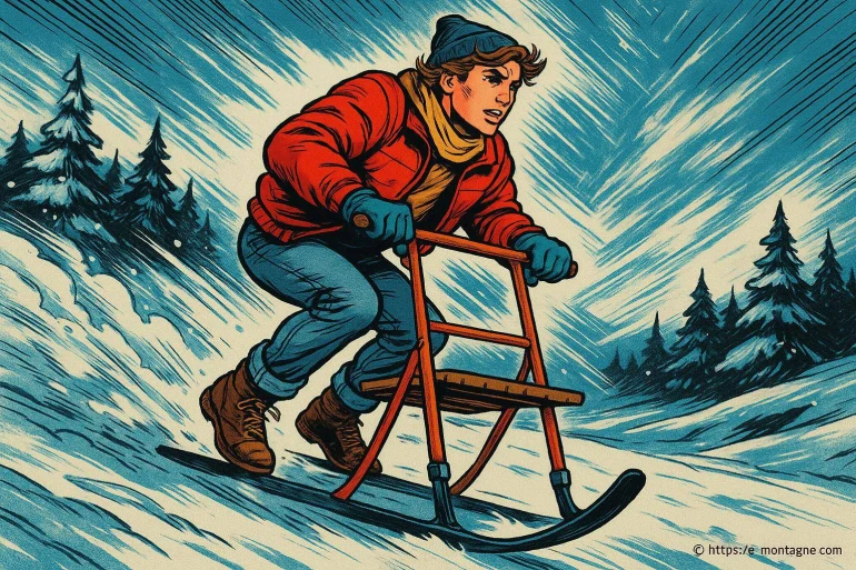 Jeune homme dévalant une pente en luge