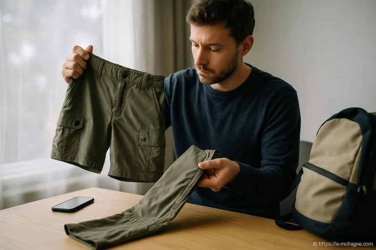 Homme comparant pantalon et short kaki