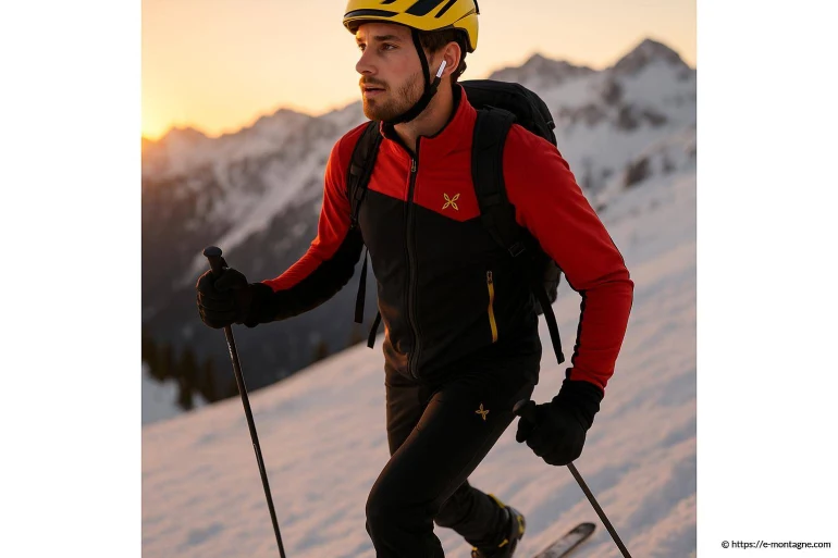 Homme ski de randonnée en montagne au coucher de soleil