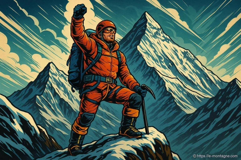 Alpiniste victorieux en montagne enneigée