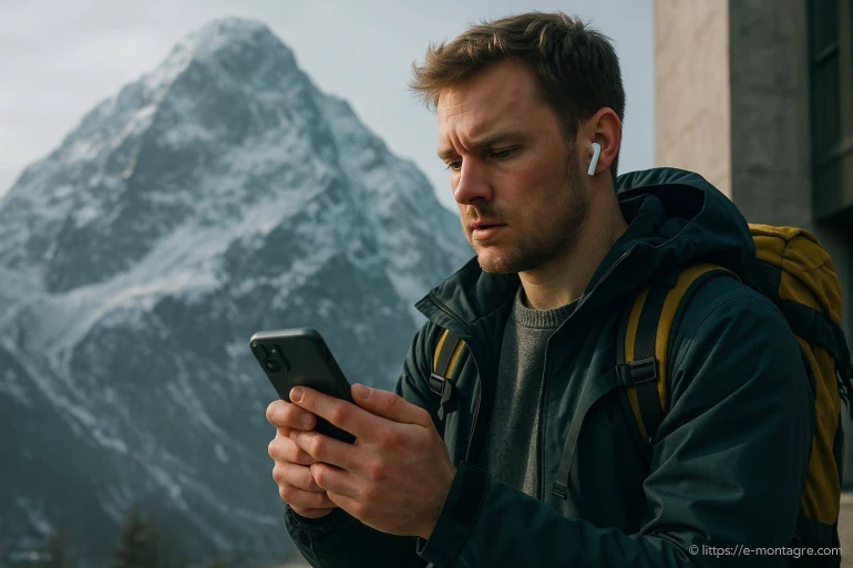 Homme avec écouteurs regardant smartphone en montagne
