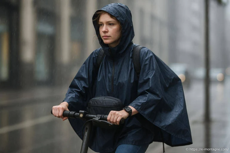 Femme en poncho pluie sur trottinette électrique