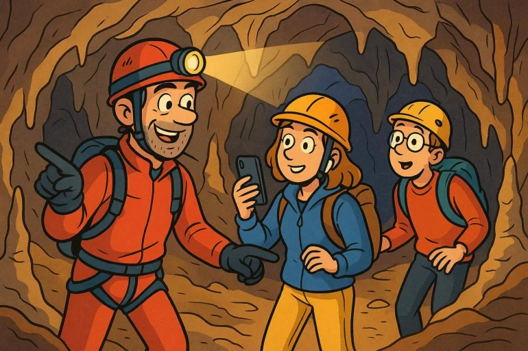 Exploration de grotte avec casque et lampe