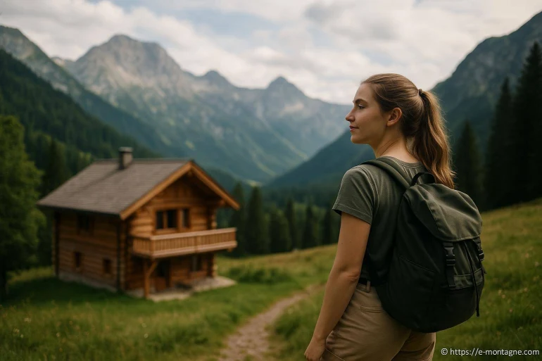 Femme randonneuse devant chalet montagne