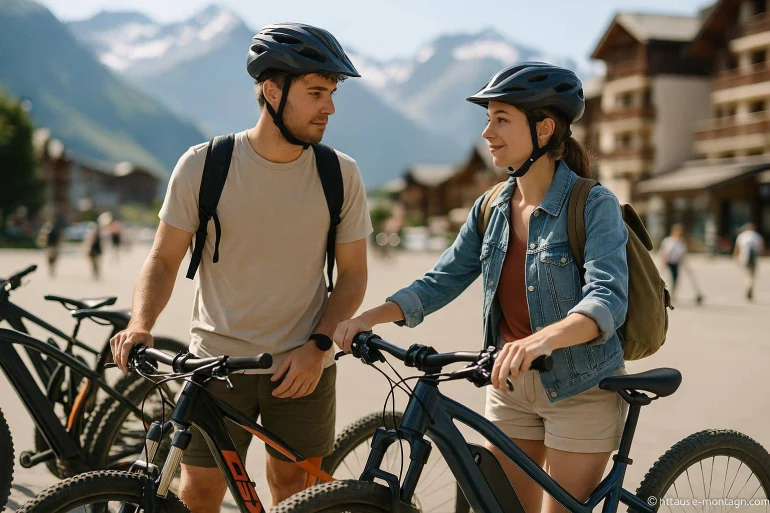Couple en tenue cycliste avec vélos montagne