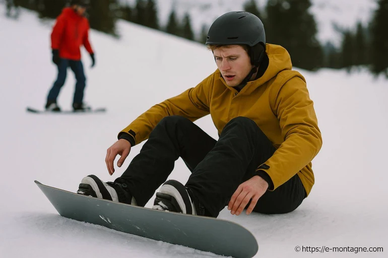 Jeune homme assis sur snowboard