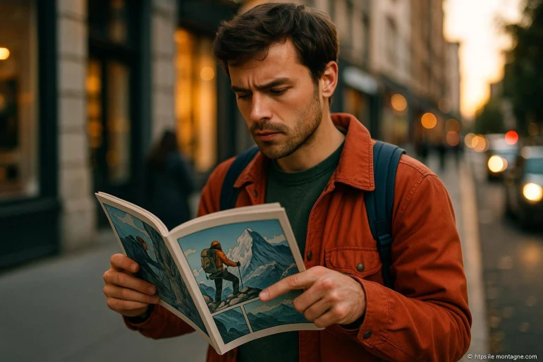 Homme lisant une bande dessinée en extérieur