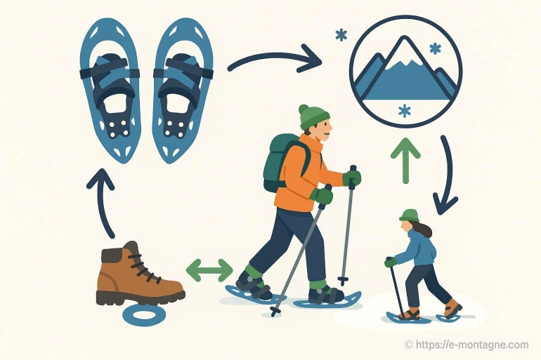 Illustration randonnée raquettes montagne hiver