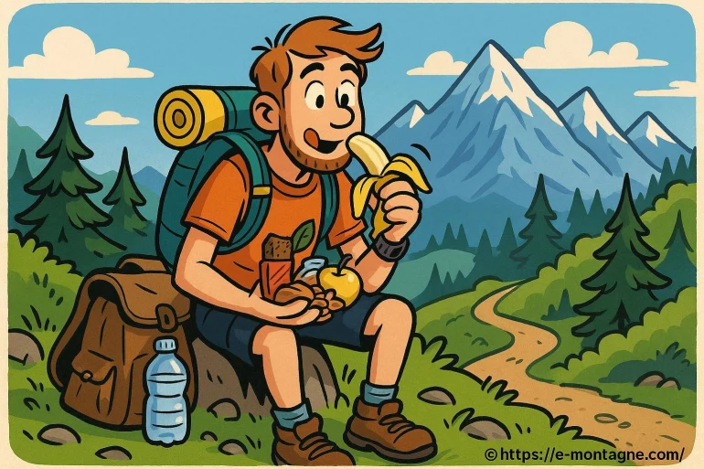 Randonneur mangeant une banane en montagne
