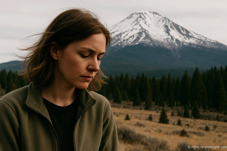 Femme pensive devant montagne enneigée