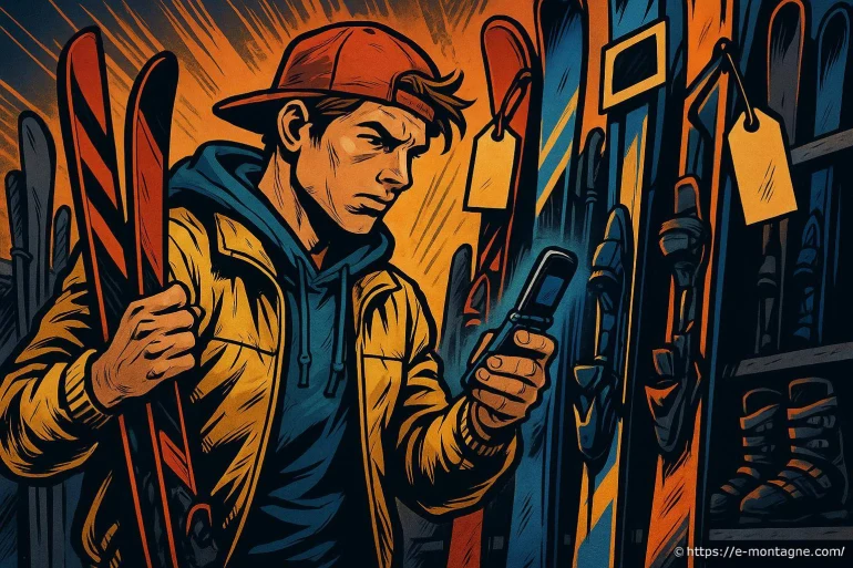 Jeune homme choisissant des skis en magasin