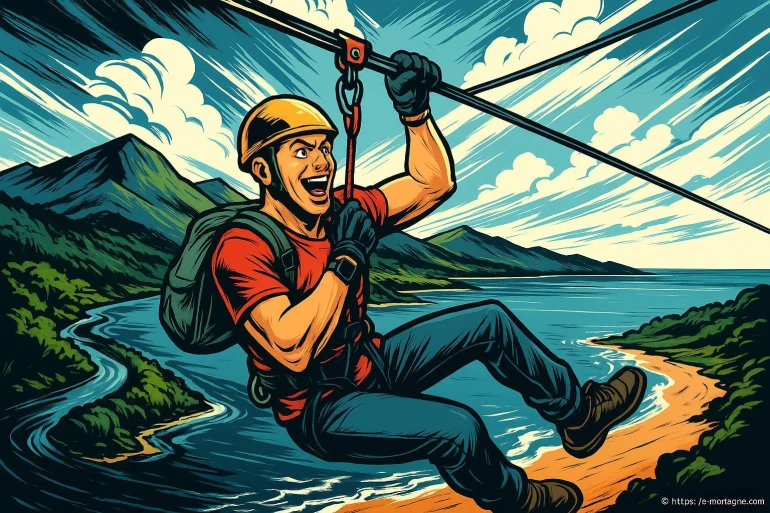 Homme en tyrolienne au-dessus de la mer