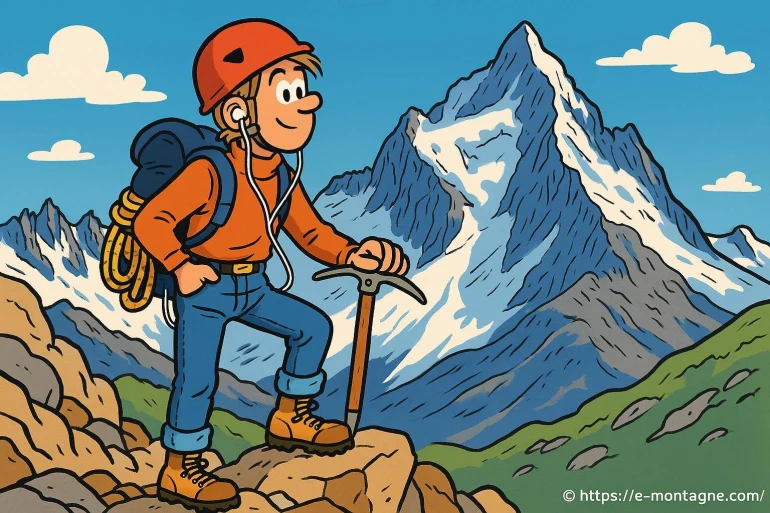 Grimpeur cartoon avec montagne enneigée