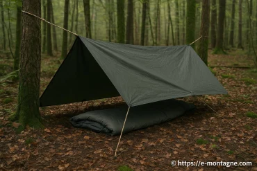 Abri bivouac improvisé avec tarp et corde : comment le monter facilement en montagne