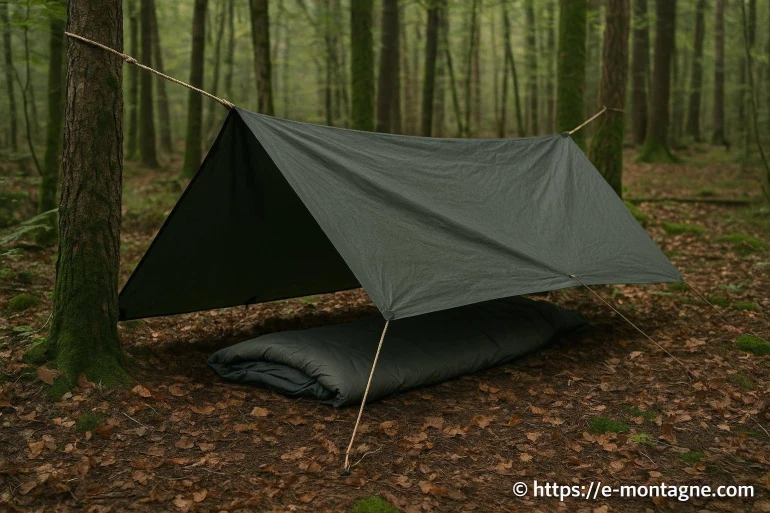 Abri bivouac improvisé avec tarp et corde : comment le monter facilement en montagne