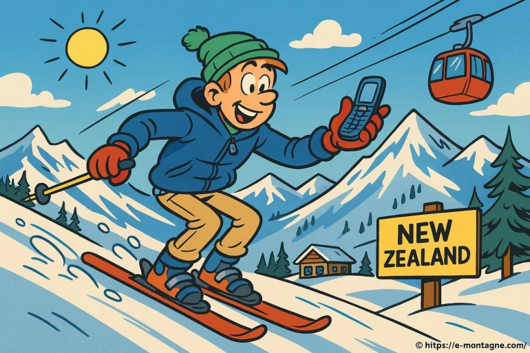 Skieur cartoon sur piste en Nouvelle Zélande