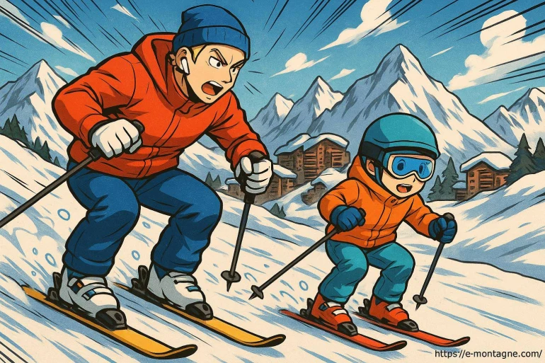 Père et enfant skient en montagne enneigée