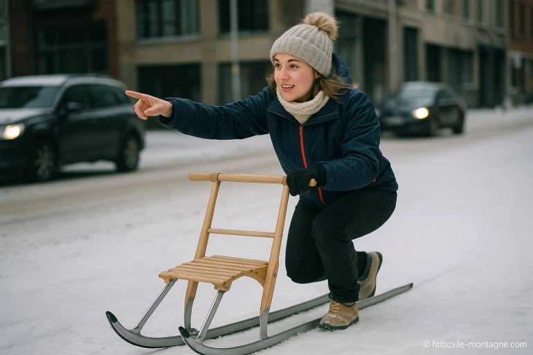 Femme en tenue hiver avec luge sur neige