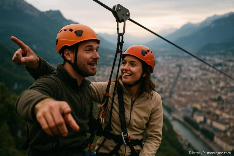 Couple en tyrolienne avec casque orange