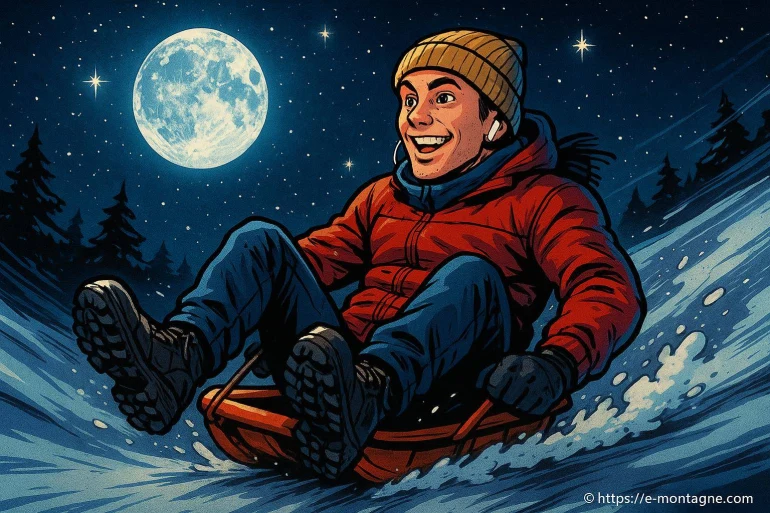 Jeune homme glissant en luge de nuit