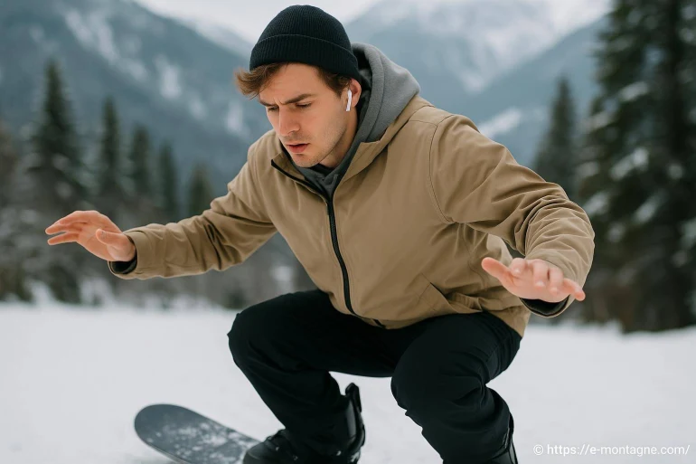 Jeune homme snowboard en montagne enneigée