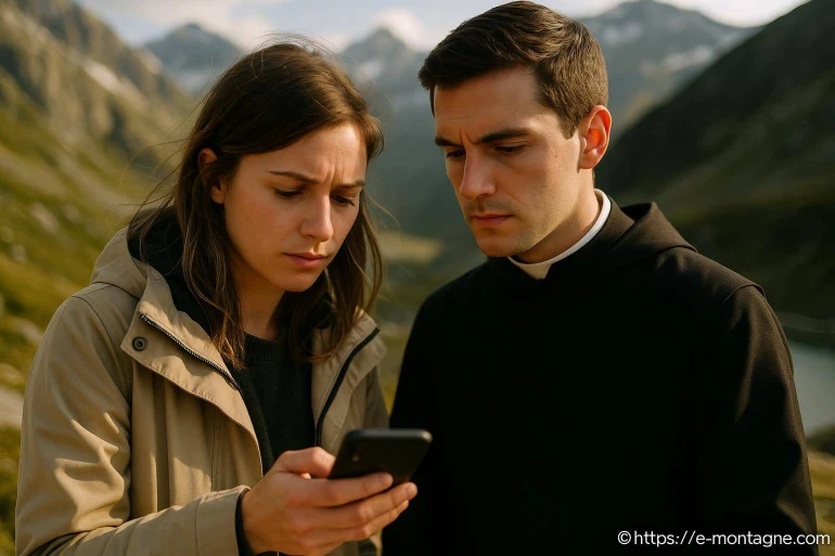 Jeune femme et prêtre regardant un smartphone