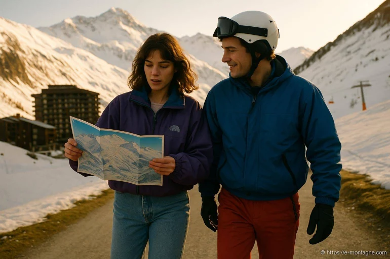 Couple en montagne avec carte de ski