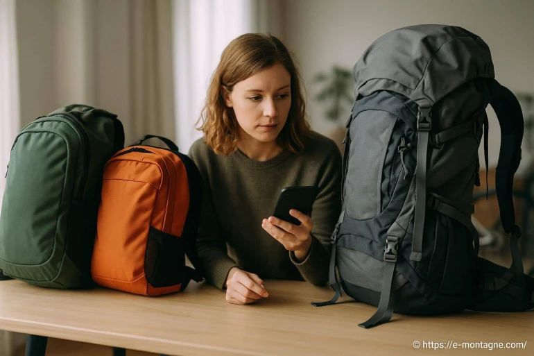 Femme avec trois sacs à dos sur une table