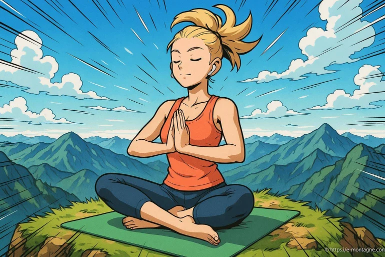 Femme méditant en plein air montagne