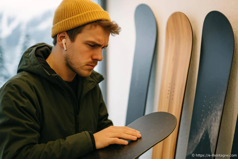 Homme inspectant une planche de snowboard noire