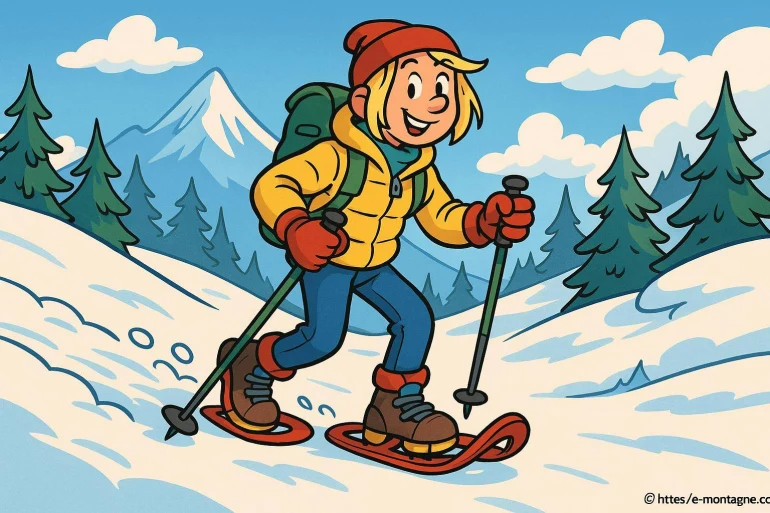Personnage faisant de la raquette à neige