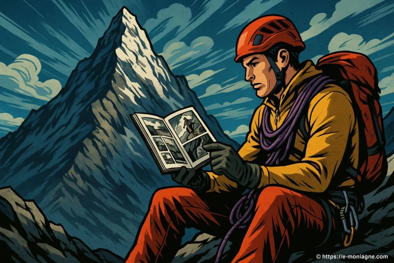 Grimpeur lisant guide montagne