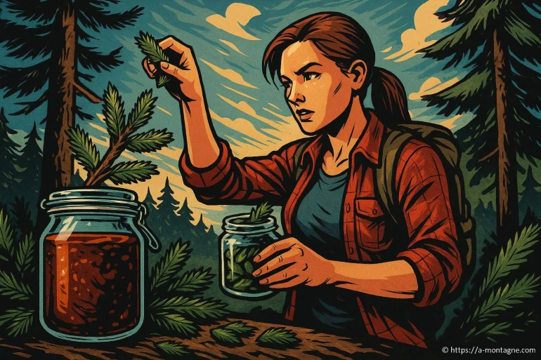 Femme cueillant des feuilles en forêt