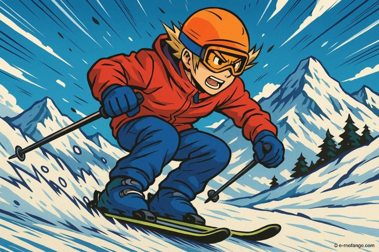 Personnage animé skiant en montagne