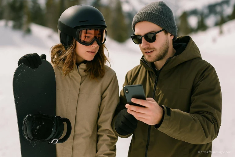 Couple snowboarder consultent smartphone neige