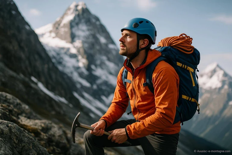 Alpiniste en pause avec piolet montagne