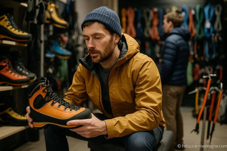 Homme examinant chaussure de randonnée orange