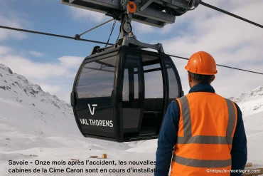 Installation des nouvelles cabines du téléphérique de la cime caron à val thorens onze mois après l'accident