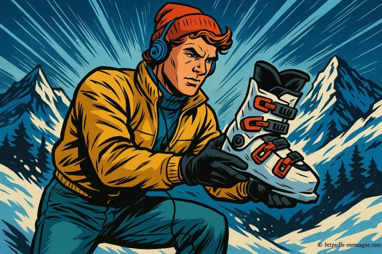 Homme en tenue de ski avec chaussure