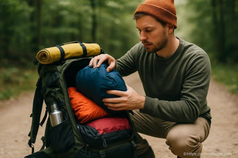 Homme préparant sac à dos randonnée