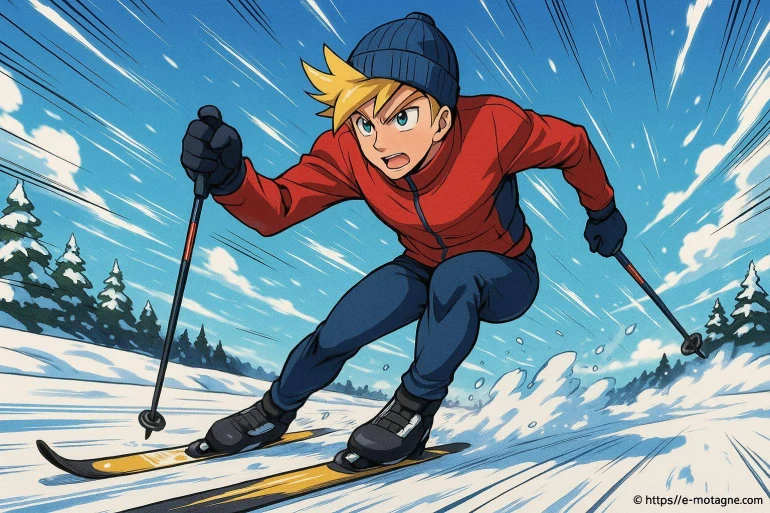 Jeune homme skiant en descente rapide