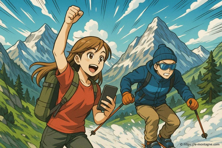 Jeune femme randonneuse et skieur en montagne
