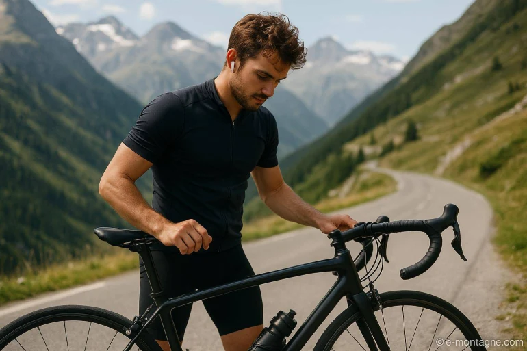 Cycliste homme en tenue noire en montagne