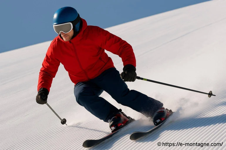 Skieur en combinaison rouge sur piste damée