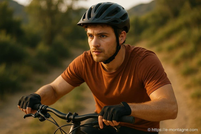 Homme casque vélo montagne regard concentré