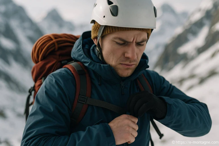 Homme en équipement d'alpinisme ajustant son sac à dos